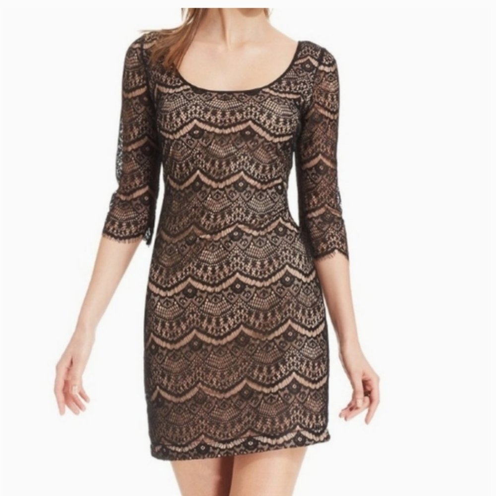 GUESS black eyelash lace nude lined sheath dress